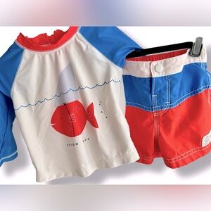 VGUC Baby Gap Swim Set; Trunks + Rash Guard - Red/Orange, White, Blue; 12-18 mos